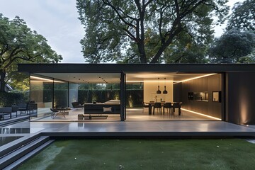 Fototapeta premium Modern Glass House with Outdoor Patio and Lush Greenery