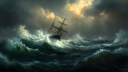Sailing Ship Battling a Stormy Sea