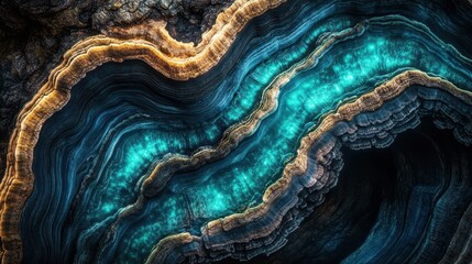 Obraz premium Cross-section of a tree branch, revealing inner rings with bioluminescent fungi growing between the layers, fantasy style, soft blue and green glow.