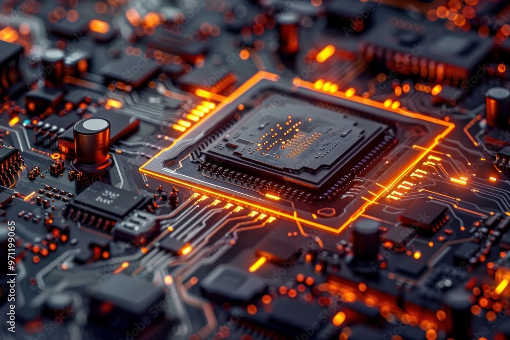 Poster modern cpu processor is performing complex computations, highlighted by vibrant orange lights