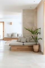 Fototapeta premium Minimalist Modern Living Room with Wooden Sofa and Palm Plant