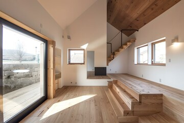 Naklejka premium Modern Minimalist Home Interior Design With Wooden Floor and Stairs