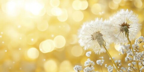 Two dandelions against a golden bokeh background, evoking a serene and dreamy atmosphere.