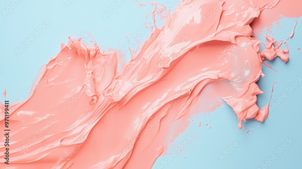 Poster swirls of soft peach paint create a dynamic design against a light blue background in an artistic se
