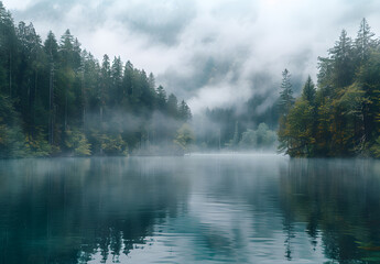 Fototapeta premium Mountains in the fog and boats on the lake