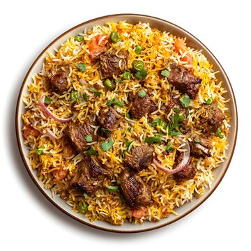 Delicious lamb biryani garnished with fresh herbs and vegetables on white background