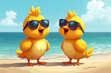 Naklejka premium Cute yellow chicks in sunglasses full length on a beach against palm trees. Advertising of tourism, recreation, travel, beach. Resort concept.