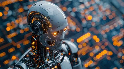 Fototapeta premium Humanoid robot against glowing circuits highlights advanced design and AI in a futuristic setting