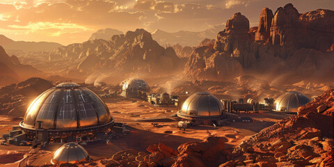 Futuristic Martian colony awakens under the vibrant glow of a sunrise illuminating metallic domes and solar panels