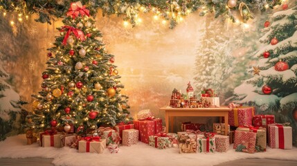 A christmas scene with presents and a christmas tree