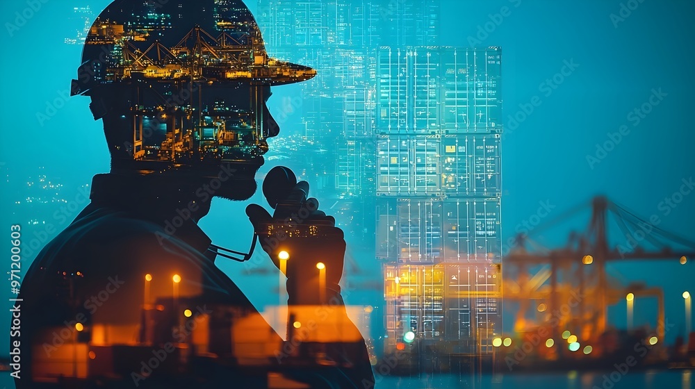 Poster engineer monitoring port with radio and shipping containers overlay