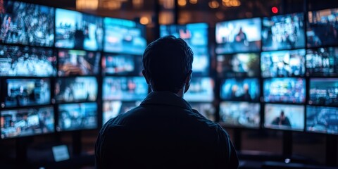 Individual observes numerous screens displaying various live broadcasts in a tech-savvy control room at night. Generative AI