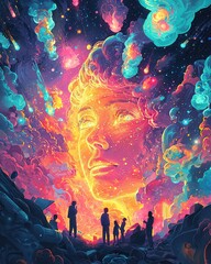 Fototapeta premium A vivid cosmic scene depicting a celestial face, surrounded by colorful clouds and silhouettes, symbolizing wonder and exploration.