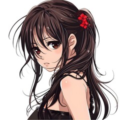 Naklejka premium Anime Girl with Long Brown Hair and Red Flowers in Hair
