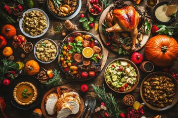 Fototapeta premium Thanksgiving Dinner Feast with Roasted Turkey, Stuffing, and Pumpkin Pie