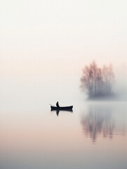 Pescador solitario en bote sobre un lago calmado rodeado de niebla al amanecer