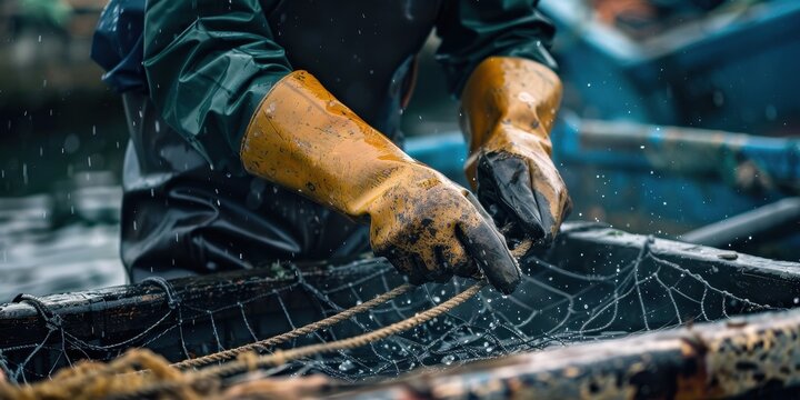 Close-up of a professional fisherman working with gear in the rain at a dockside location during an active fishing session