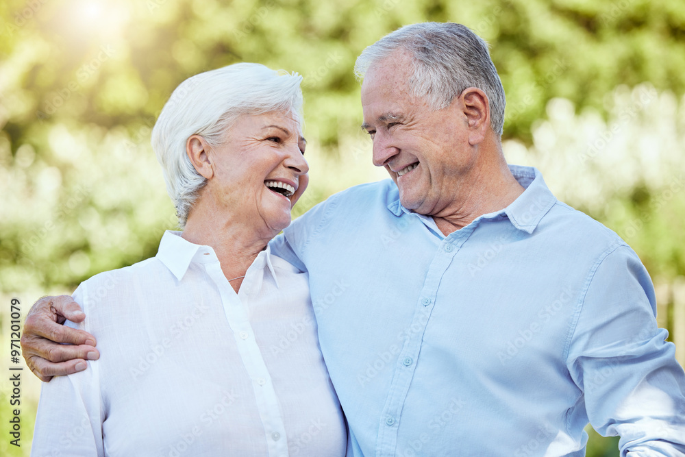 Poster Laughing, hug and senior couple in nature for support, care and funny joke in retirement together. Smile, man and woman embrace outdoor for romance, comedy and connection for relationship on date