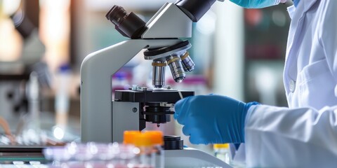 Close-up of a biochemist analyzing samples with a microscope in a modern laboratory setting during daylight hours