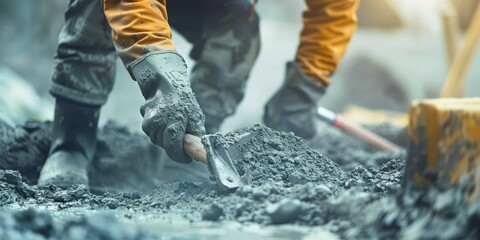 Professional construction laborer working with concrete at a job site, focusing on detail and precision in a labor-intensive task