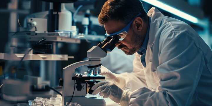 Close-up of a dedicated biochemist examining samples under a microscope in a laboratory setting during research hours