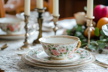Fototapeta premium Floral Teacup and Saucers on a White Lace Tablecloth
