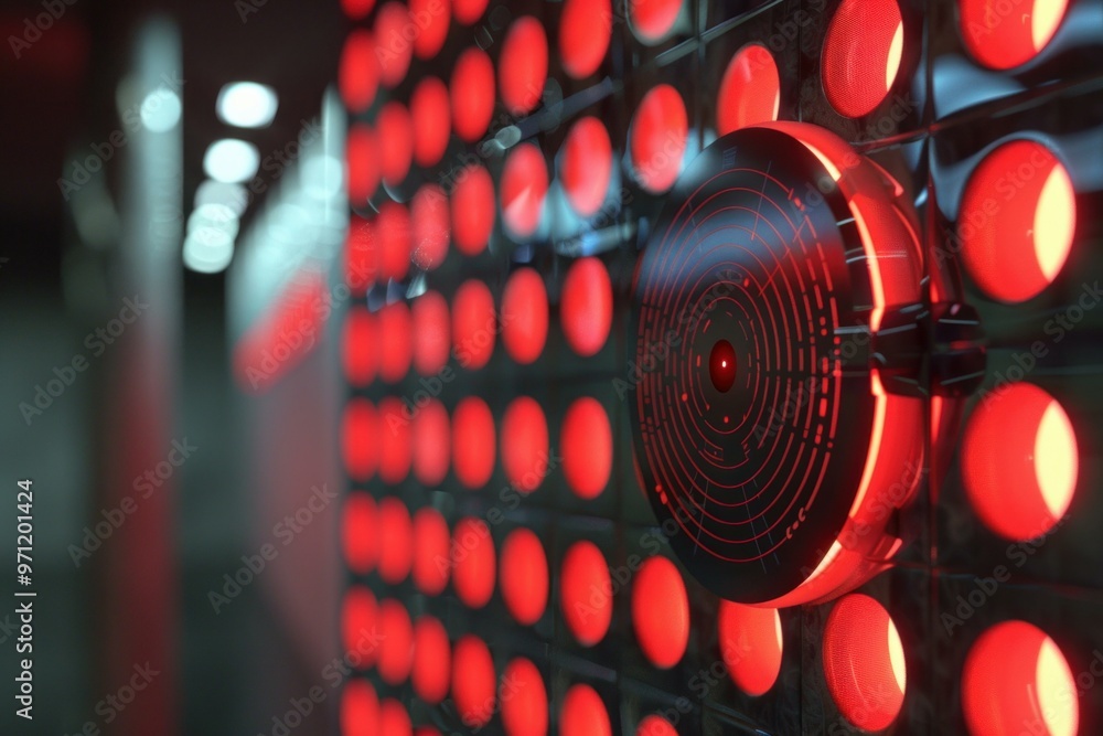 Poster round device is scanning a panel with red buttons, in a dark technological environment