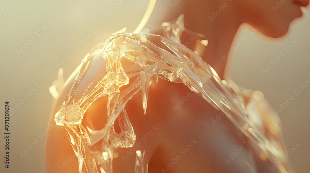 Poster abstract art of a human shoulder adorned with translucent material, capturing the interplay of light