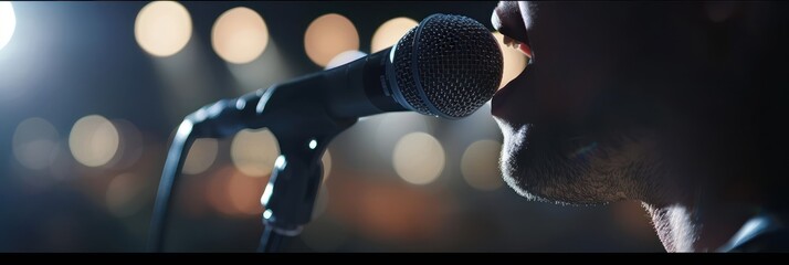 Close-up of a professional singer performing on stage with bright lights in the background during a live concert