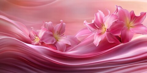 A serene composition of pink lilies amidst flowing waves of soft colors.