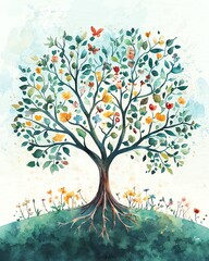 A vibrant watercolor painting of a tree, decorated with colorful leaves and flowers, symbolizing nature's beauty and growth.
