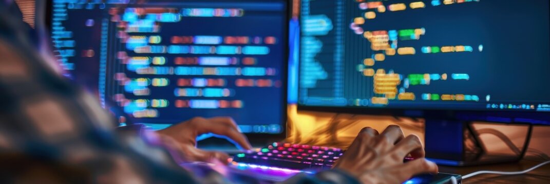 Close-up of a professional web developer programming on dual monitors during a late-night coding session