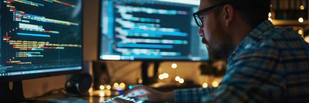 Dedicated web developer coding in a modern workspace with multiple monitors and ambient lighting at night