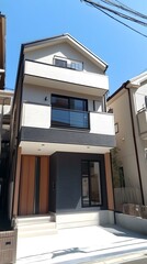 Modern House Exterior with Wooden Door and Concrete Patio