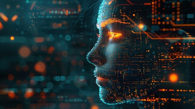 Digital representation of a human face illuminated by glowing data connections in a futuristic cyber environment. Generative AI