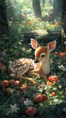 Fototapeta premium A fawn laying down in the middle of a forest