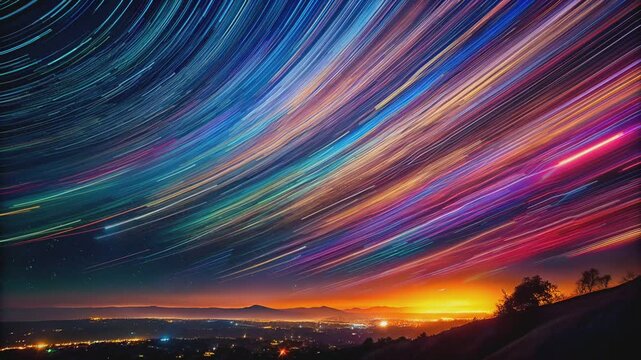Colorful Star Trails Over Mountainous Landscape