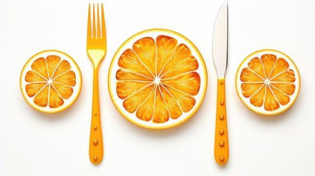 A vibrant arrangement featuring orange slices on a plate, accompanied by a fork and knife, highlighting a playful food theme.