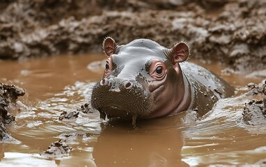Joyful Baby Hippo Covered in Brown Mud Spots Bathing in Mud Pool