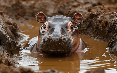 Fototapeta premium Playful Baby Hippo Enjoying a Mud Bath - Cute Hippopotamus Covered in Brown Mud Spots Delighting in Bath Time Fun