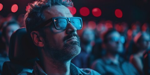 Close-up of a professional movie watcher engaged in film critique during a cinematic screening in a dimly lit theater