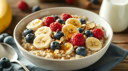 Healthy Breakfast Oatmeal Bowl with Bananas, Berries, and Granola