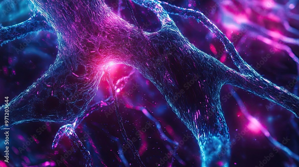 Poster a vibrant close-up of a neural network showcasing intricate structures and glowing connections in st
