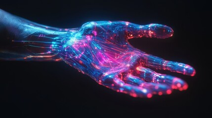 Human hand sliced, revealing both organic muscles and AI wiring, cybernetic, neon glow, high-tech textures, dark background.