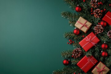 Christmas tree with gift boxes and red baubles on green background. Christmas concept with copy space for text with generative ai