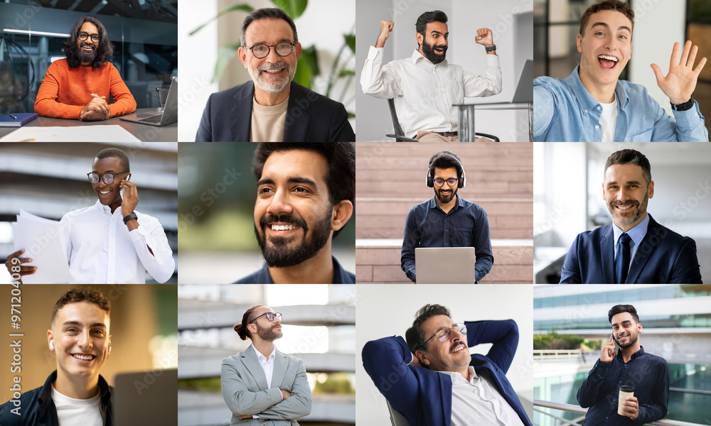 Poster a diverse group of men is depicted engaging in different professional activities within a modern off