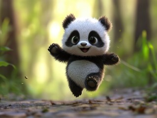 Fototapeta premium A cute, playful panda character joyfully running through a lush forest, capturing the essence of cheerfulness and adventure.
