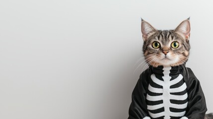 A cat is wearing a skeleton costume and is looking at the camera