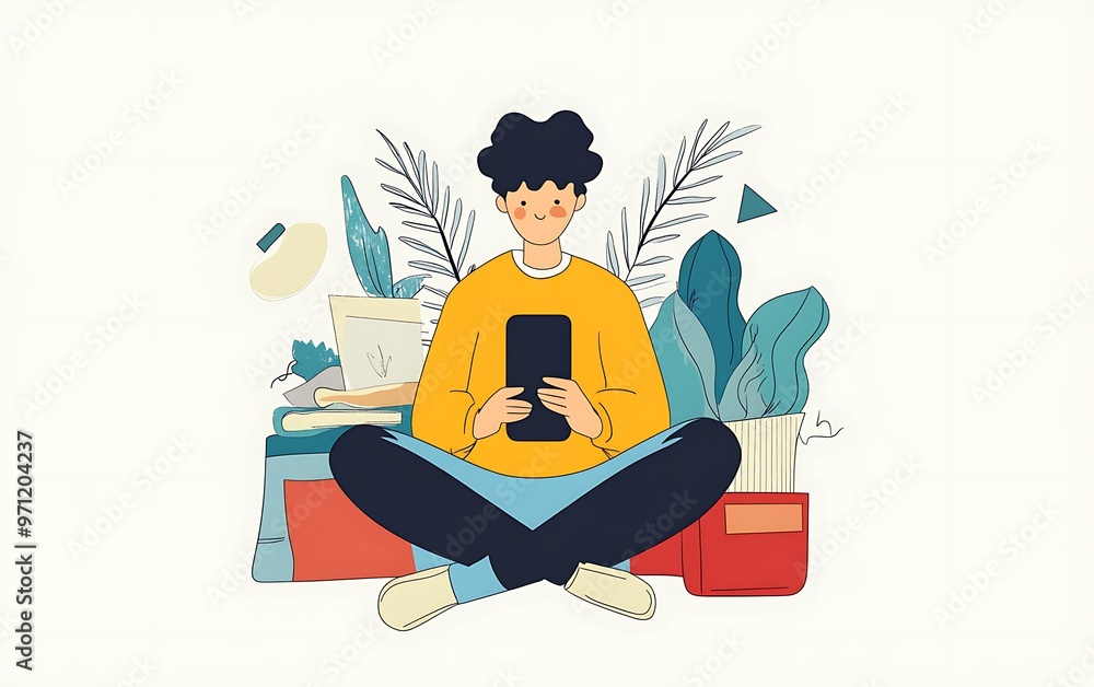 Poster digital exploration - person engaging with new phone in minimalistic modern setting with illustrativ