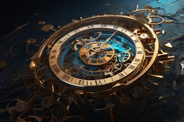 Obraz premium Fragments of Time: A Surreal Exploration of a Shattered Clock